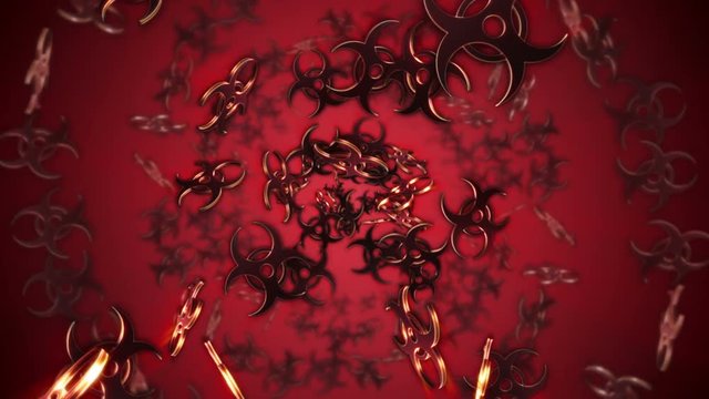 Falling BIOHAZARD, Radiation Hazard Danger Symbols Animation, Rendering, Background, Loop, with Alpha Channel, 4k
