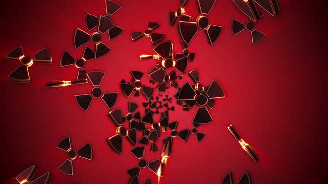 Falling NUCLEAR, Radiation Hazard Danger Symbols Animation, Rendering, Background, Loop, with Alpha Channel, 4k
