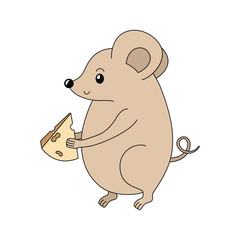 Cartoon vector mouse with the cheese. Handdrawn rodent. Rat. Symbol of 2020 year