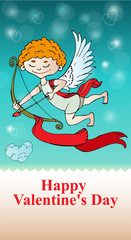  Valentine's Day greeting card for print. Angel shoots a bow, illustration of a cloud.