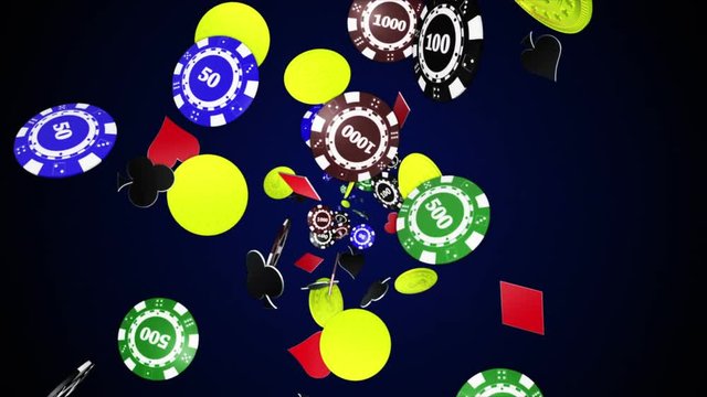 Falling Poker Chips and Gold Dollars Coins, Animation Background, Loop, Rendering, with Alpha Channel, 4k
