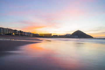 Obraz premium Zurriola beach and Kursaal Auditorium under sunset at Donostia-San Sebastian, Basque Country.