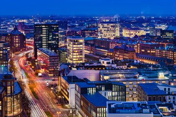 Fototapeta premium Downtown Hamburg, Germany. Aerial view at dusk.