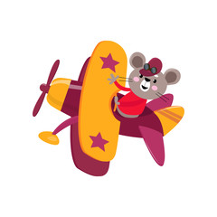 Cute cute animal mouse flies on a funny plane.
