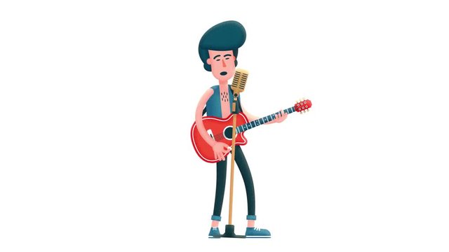 Singer with an acoustic guitar sings into a microphone. Cartoon character. Looped animation with alpha channel.