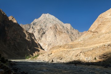 Fototapeta na wymiar Panj or Amu Darya river and Pamir mountains