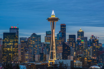 Seattle city skyline at dusk. Downtown Seattle cityscape
