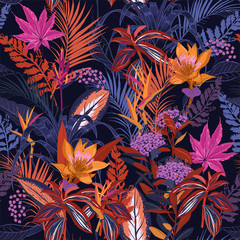 Forêt sauvage colorée de nuit d& 39 été à contraste élevé pleine de fleurs épanouies dans de nombreux types de motifs floraux saisonniers sans couture, style de dessin à la main pour la mode, le tissu et tous les imprimés