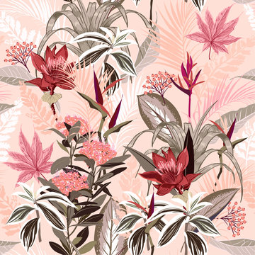 Beautiful sweet mood Summer wild forest full of  blooming flower in many kind of florals seasonal seamless pattern vector ,hand drawing style for fashion, fabric and all prints