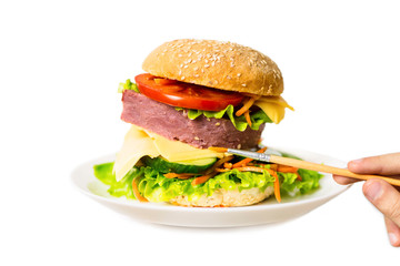 hand draws an appetizing sandwich brush on a white background