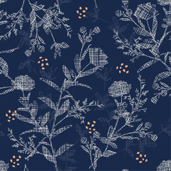 Beautiful  Silhouette flowers with hand drawn sketch white line check fill-in pattern inside,Seamless pattern vector for fashion ,fabric and all prints