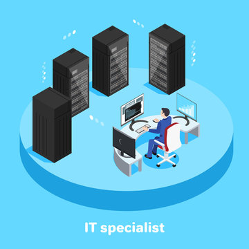 isometric image on a blue background, a man in a business suit is sitting at the workplace in front of a computer in the server room, IT specialist;