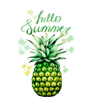 watercolor drawing yellow pineapple with splashes and an inscription hello summer