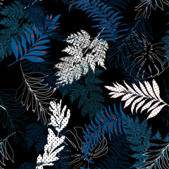 Dark Beautiful many kind of leaves fill in with polka dots pattern and silhouette line seamless vector suits for fashion,fabric and all prints