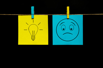 Emotions. The lamp is drawn on the yellow sheet as a symbol of the idea and insight. On the right...