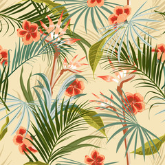Fototapeta na wymiar Exotic Retro vintage tropical wild forest with palm trees ,flowers,leaves,foliage seamless pattern in vector suits for fashion,fabric and all prints