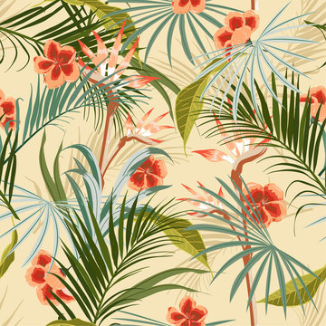 Exotic Retro vintage tropical wild forest with palm trees ,flowers,leaves,foliage seamless pattern in vector suits for fashion,fabric and all prints