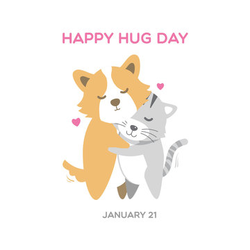 Cute Corgi Dog And Cat Illustrating Hug Day Background Vector.