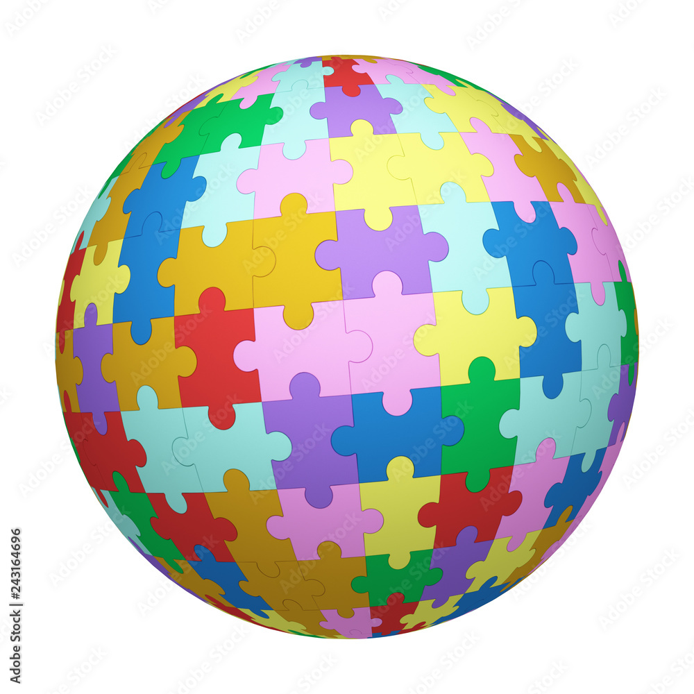 Poster colorful jigsaw puzzle pattern texture on sphere or ball isolated on white background. mock up desig