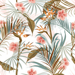 Fototapeta na wymiar Beautiful Exotic Retro vintage tropical wild forest with palm trees ,flowers,leaves,foliage seamless pattern in vector suits for fashion,fabric and all prints