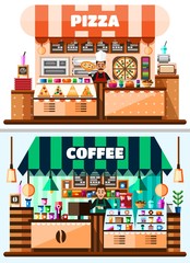 Coffee house and pizza shop interior with barista standing behind of bar counter with coffee making equipment, menu and goodies. Flat Illustration