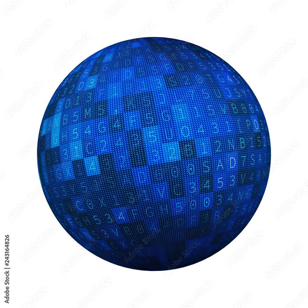 Poster digital data technology sphere or ball isolated on white background, english alphabets and numbers c