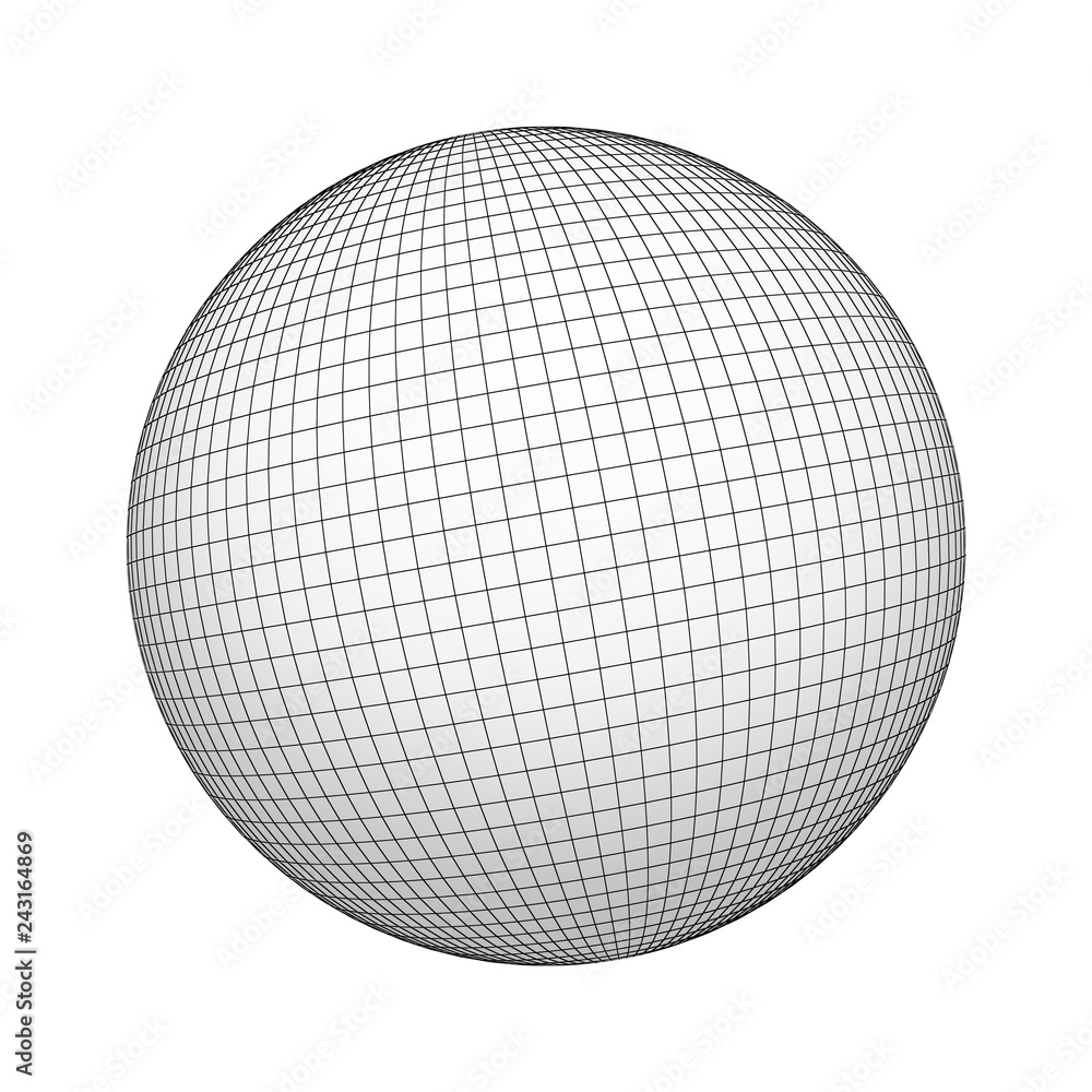 Poster wireframe sphere or ball, geometric shape with grid lines isolated on white background. mock up desi