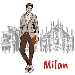 Hand-drawn sketch of man in Milan at Piazza del Duomo in Italy.