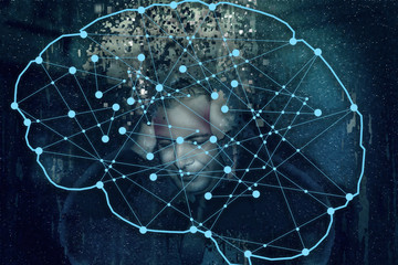 Man with a headache futuristic design, overthinking, need for artificial inteligence