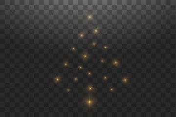 Fototapeta premium Christmas Tree made. Gold glitter bokeh lights and sparkles. Shining star, sun particles and sparks with lens flare effect on transparent background