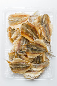 Yellow-striped fish selar on a light background