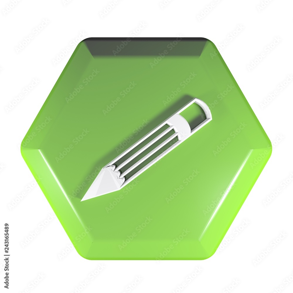 Poster green hexagonal push button with pencil icon - 3d rendering illustration