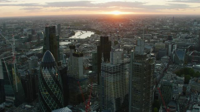 Aerial view London city financial district at sunset