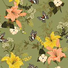 Retro romantic soft and gentle floral in the gaerden ,lily,many kind of flowers ,butterflies seamless pattern vector design for fashion,fabric,wallpaper and all prints