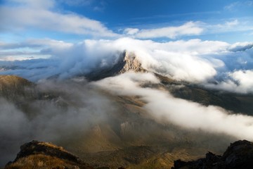 Pico Setsas, Dolomites mountains, Italy, clouds and fog