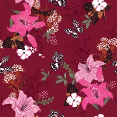 Wallpaper murals Bordeaux Stylish romantic soft and gentle floral in the gaerden ,lily,many kind of flowers ,butterflies seamless pattern vector design for fashion,fabric,wallpaper and all prints