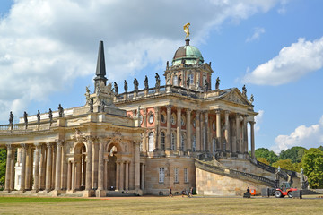 POTSDAM, GERMANY. The new palace and Hauptallee in sunny day. Park of San Sushi