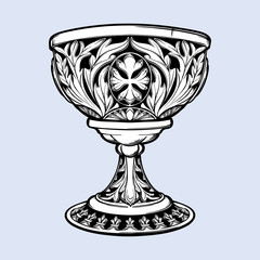 Decorative Goblet. Medieval gothic style concept art. Design element. Black a nd white drawing isolated on grey background. EPS10 vector illustration