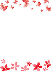 Watercolor Valentines day frames with flowers, branches, twigs and butterfly on a white  background