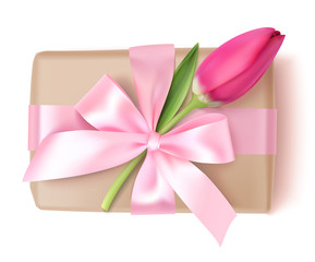 Decorative gift box with pink bow and red tulip isolated on white. Women's day or Mother's day holiday decoration. Vector illustration