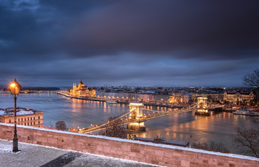 View on Budapest in dusk in winter