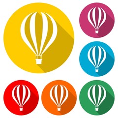 Hot air balloon icon or logo, color set with long shadow