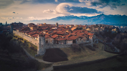 Ricetto of Candelo, Biella, Italy, aerial view at sunset