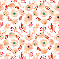 Soft orange watercolor flowers seamless pattern