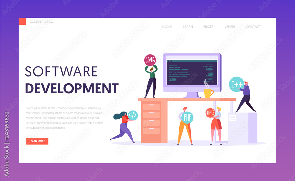 Aufkleber software development technology teamwork stack landing page. monitor on office desk. proffesional we
