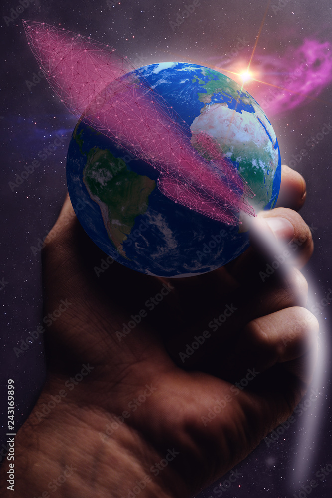 Aufkleber whole world in woman hands plam and red spaceship low poly. mixed media .