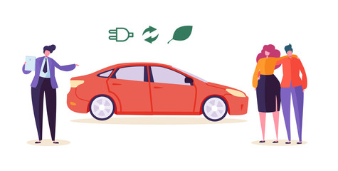 Electro Eco Car Seller Sell Auto Couple. Man Woman Character Buy Ecology Friendly Transport Vehicle. Environment Pollution Preserve Technology Automobile Business Flat Cartoon Vector Illustration
