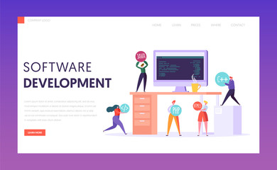 Software Development Technology Teamwork Stack Landing Page. Monitor on Office Desk. Proffesional Webdesign Freelance Team Environment for Website or Banner Flat Vector Illustration