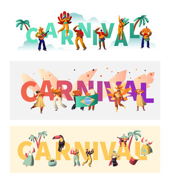 Brazil Carnival Exotic Costume Typography Poster Set. Wing Bikini Latino Woman Colorful Parade. Man Play Tropical Music for Rio Happy Festival Banner Print Design Flat Cartoon Vector Illustration