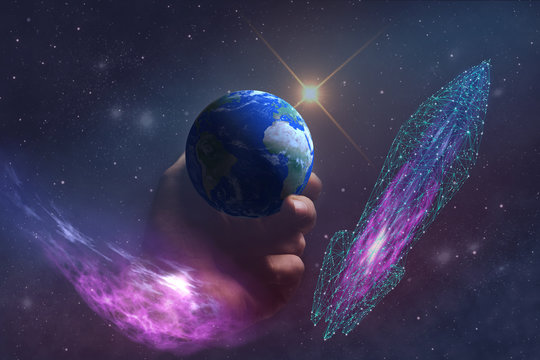 Whole world in woman hands plam and   spaceship low poly. Mixed media . 